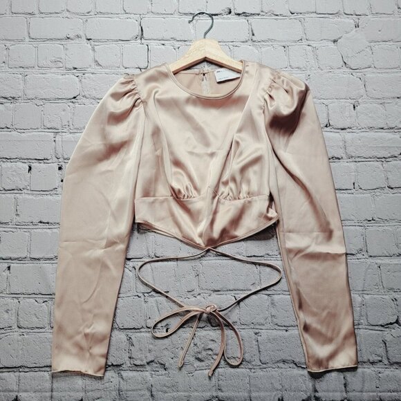 Asos Design Blush Pink Puff Shoulder Satin Wrap Waist Crop Top Size US 6 - Picture 1 of 13